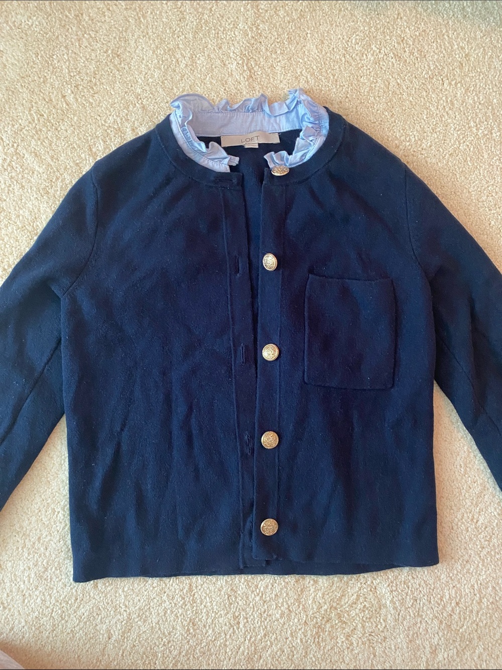 LOFT Navy Jacket with Light Blue Ruffle Collar and Gold Buttons XS